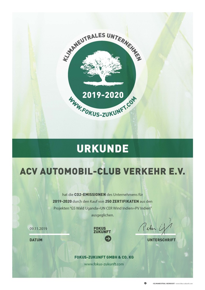 ACV arbeitet als erster Automobilclub klimaneutral